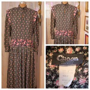 vtg 80s CHOON California Floral Full Pleated Ruched Elastic Waist Dress USA 8